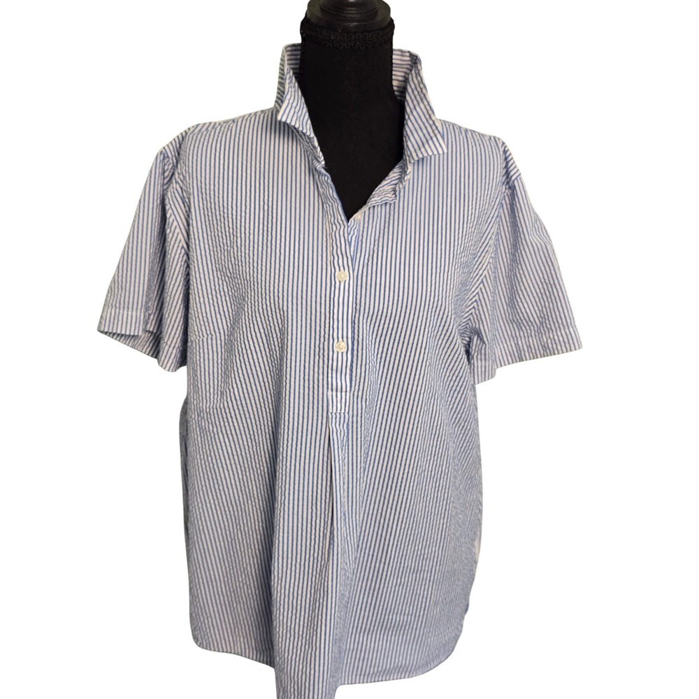 LL Bean Womens Blue White Striped Seersucker Short Slv Button Up Shirt Preppy L